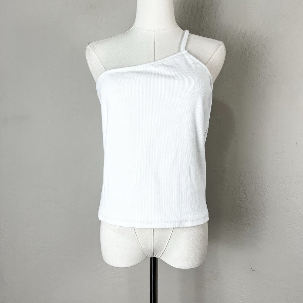 Anthropologie White One‎ Shoulder Ribbed Tank Top Stretch Cotton Size Large